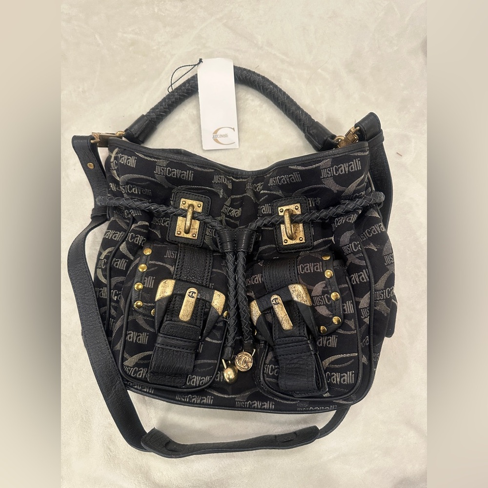 Just Cavalli Y2K vintage Monogram Canvas Bucket Bag Utility Pocket Shoulder Bag